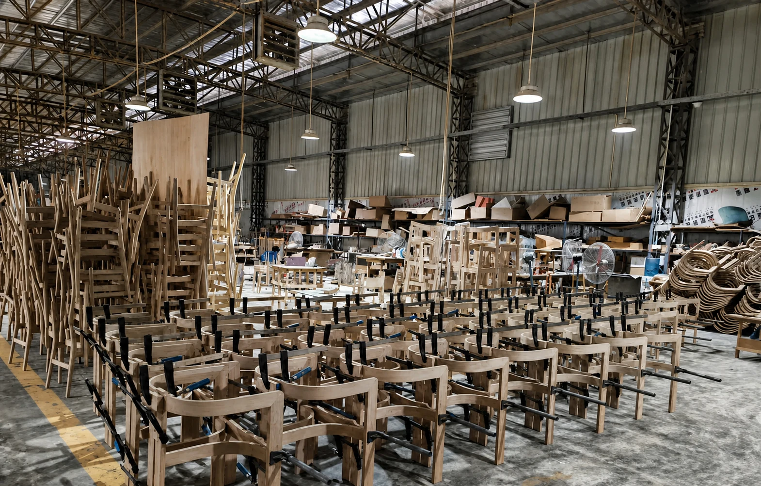 Chair-frame assembly workshop at the Dongguan factory