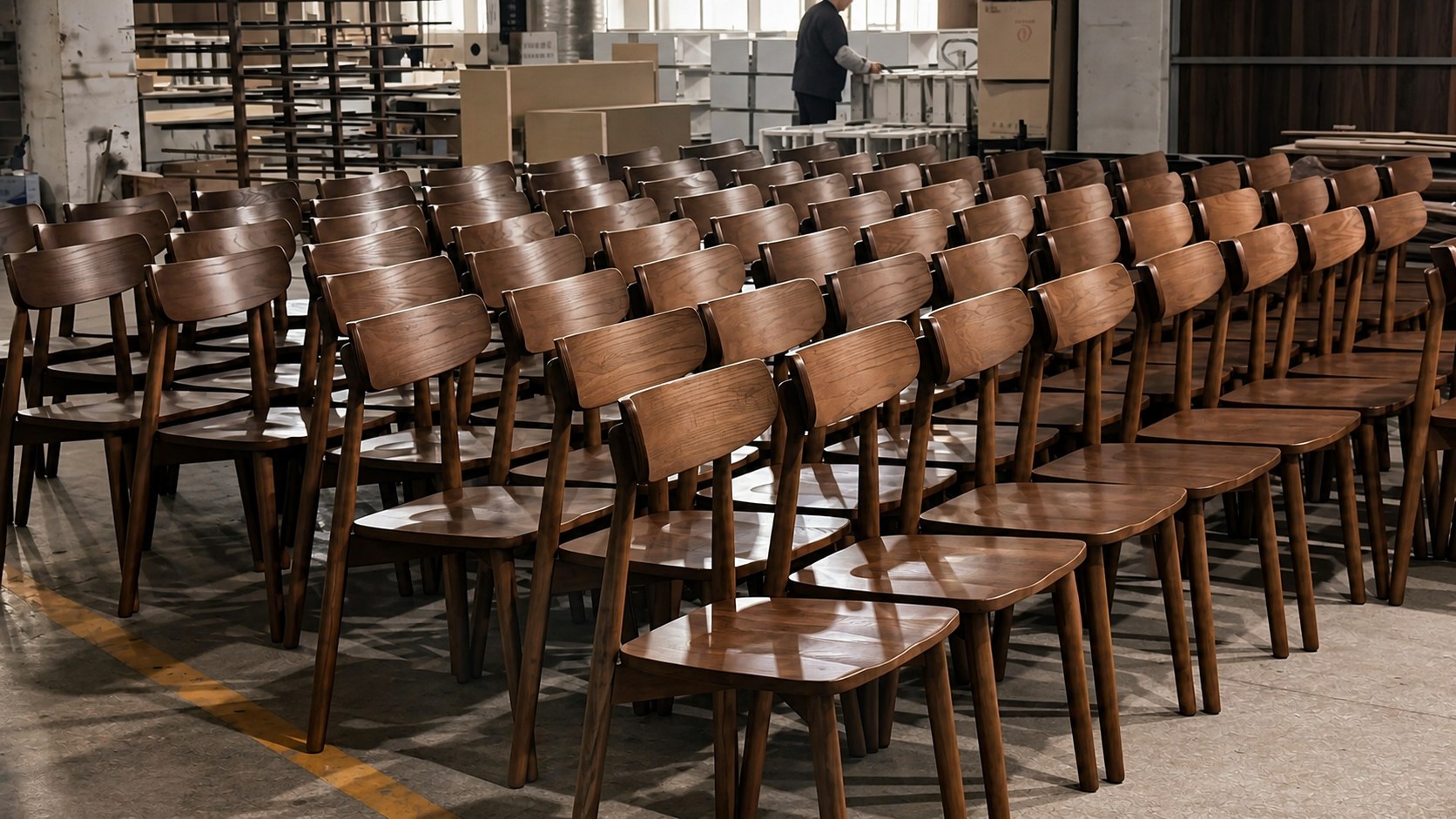 Completed solid timber chairs prepared in the workshop