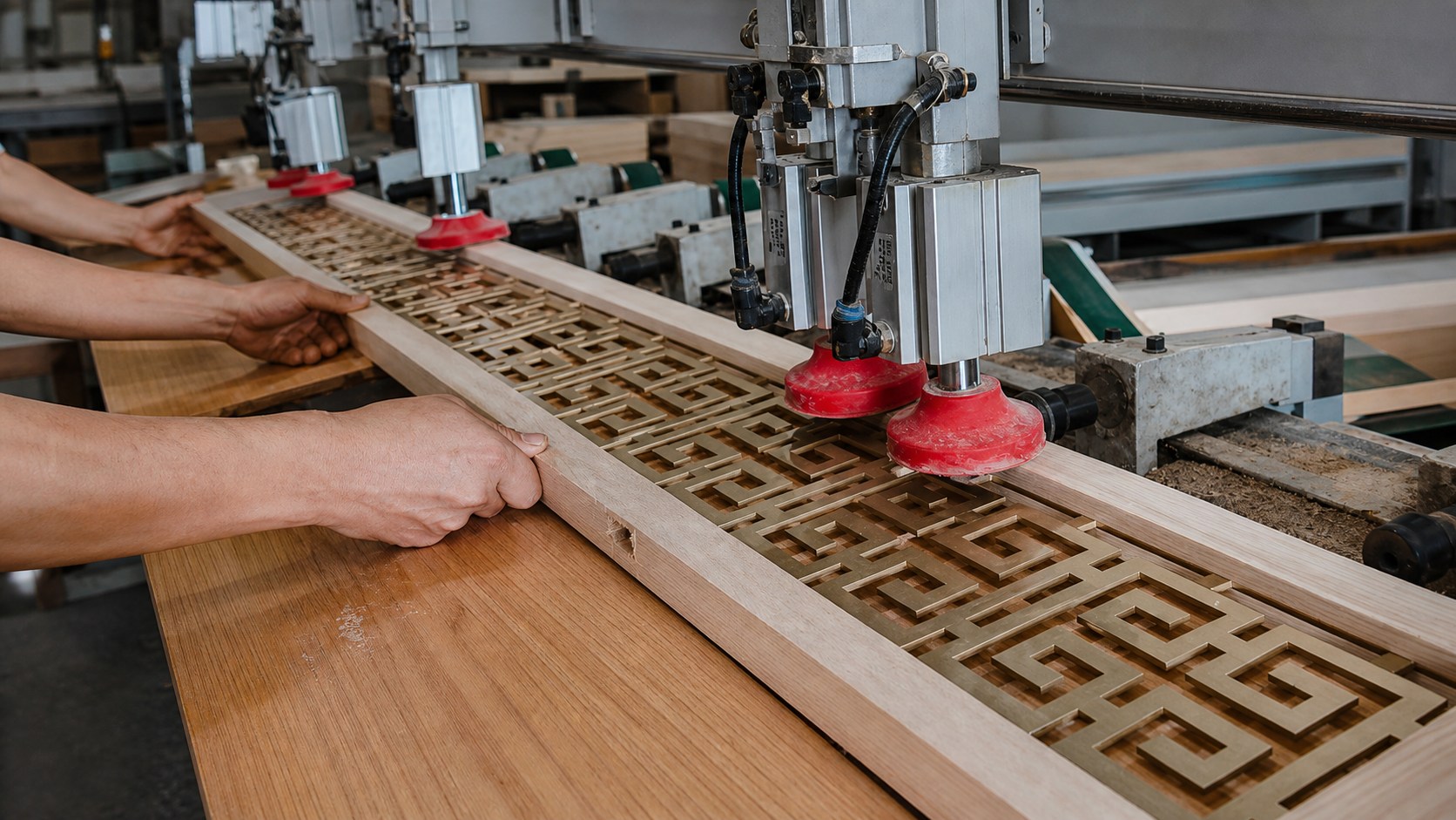 Precision machining of a decorative timber panel in production